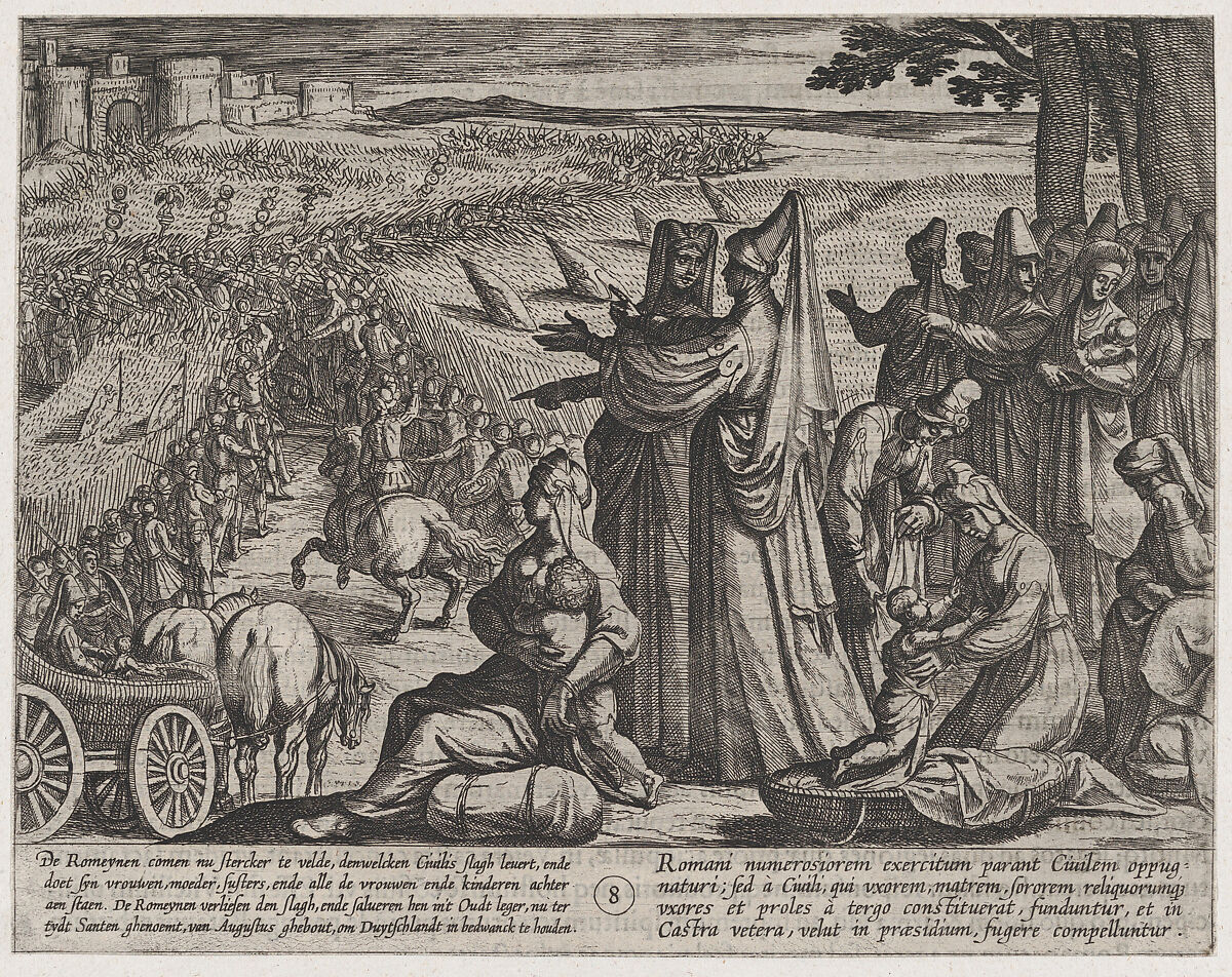 Plate 8: Women and Children Obvserve Civilis Battling the Romans, from The War of the Romans Against the Batavians (Romanorvm et Batavorvm societas), Antonio Tempesta (Italian, Florence 1555–1630 Rome), Etching, first state of two, issue 1 (Bartsch) 