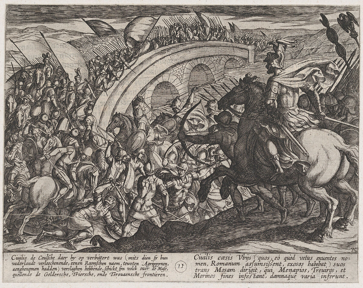 Plate 11: Civilis' Troops Crossing the Maas River, from The War of the Romans Against the Batavians (Romanorvm et Batavorvm societas), Antonio Tempesta (Italian, Florence 1555–1630 Rome), Etching, first state of two, issue 1 (Bartsch) 