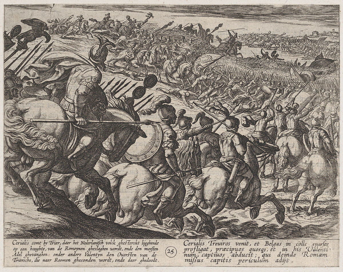 Plate 25: The Roman Commander Cerialis Attacks Near Trier, from The War of the Romans Against the Batavians (Romanorvm et Batavorvm societas), Antonio Tempesta (Italian, Florence 1555–1630 Rome), Etching, first state of two, issue 1 (Bartsch) 