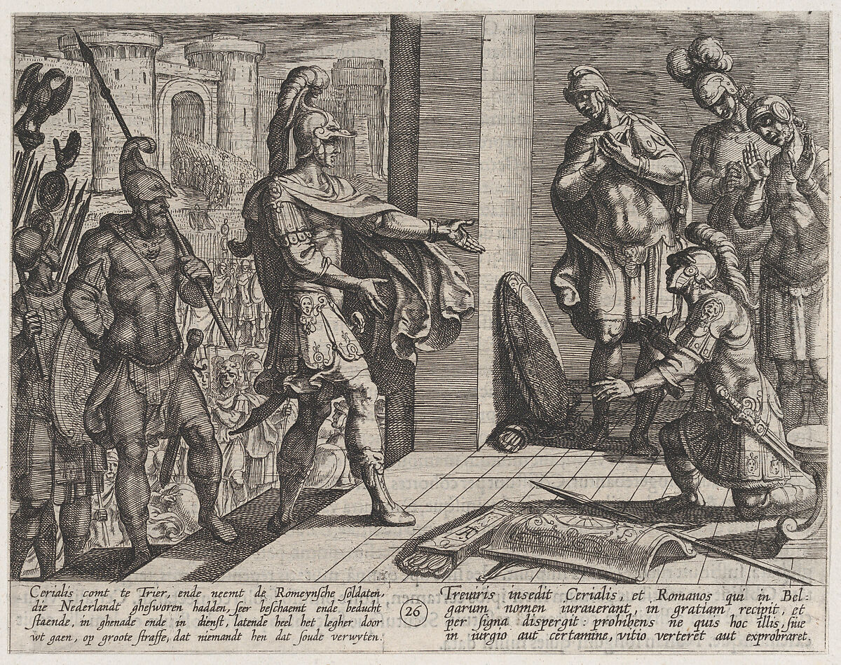 Plate 26: Cerialis Pardons and Relieves Roman Soldiers who had Helped Civilis, from The War of the Romans Against the Batavians (Romanorvm et Batavorvm societas), Antonio Tempesta (Italian, Florence 1555–1630 Rome), Etching, first state of two, issue 1 (Bartsch) 