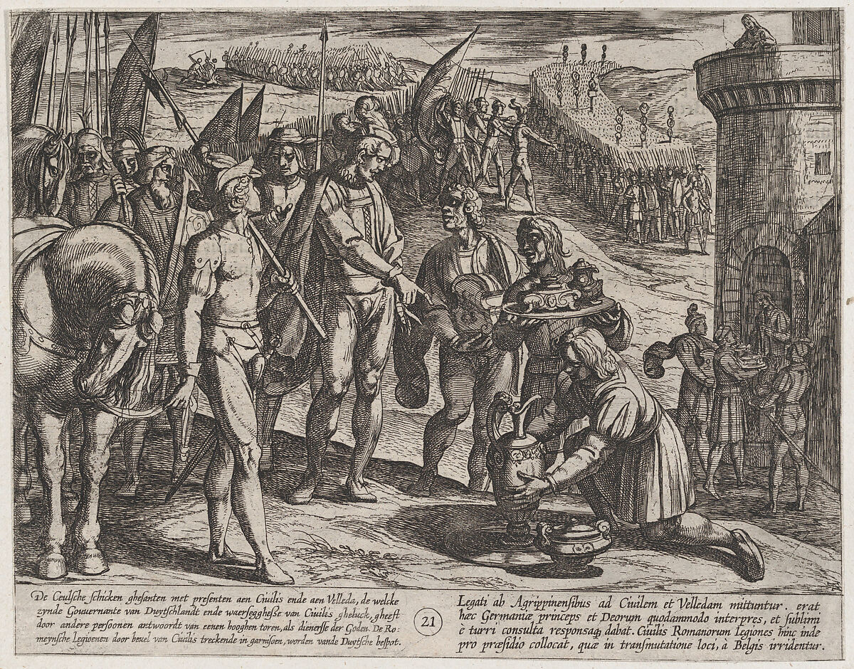 Plate 21: Envoys from Cologne Bring Presents to Civilis, from The War of the Romans Against the Batavians (Romanorvm et Batavorvm societas), Antonio Tempesta (Italian, Florence 1555–1630 Rome), Etching, first state of two, issue 1 (Bartsch) 