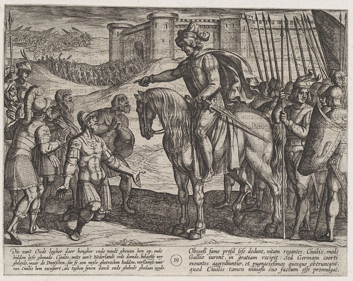 Plate 19: Men from the Fortress Surrender and Pledge Their Lives to Civilis, from The War of the Romans Against the Batavians (Romanorvm et Batavorvm societas), Antonio Tempesta (Italian, Florence 1555–1630 Rome), Etching, first state of two, issue 1 (Bartsch) 