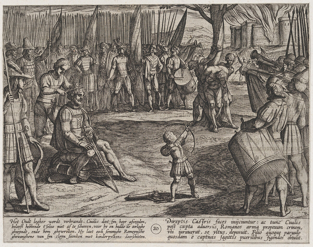 Plate 20: Civilis Having his Hair Cut, from The War of the Romans Against the Batavians (Romanorvm et Batavorvm societas), Antonio Tempesta (Italian, Florence 1555–1630 Rome), Etching, first state of two, issue 1 (Bartsch) 