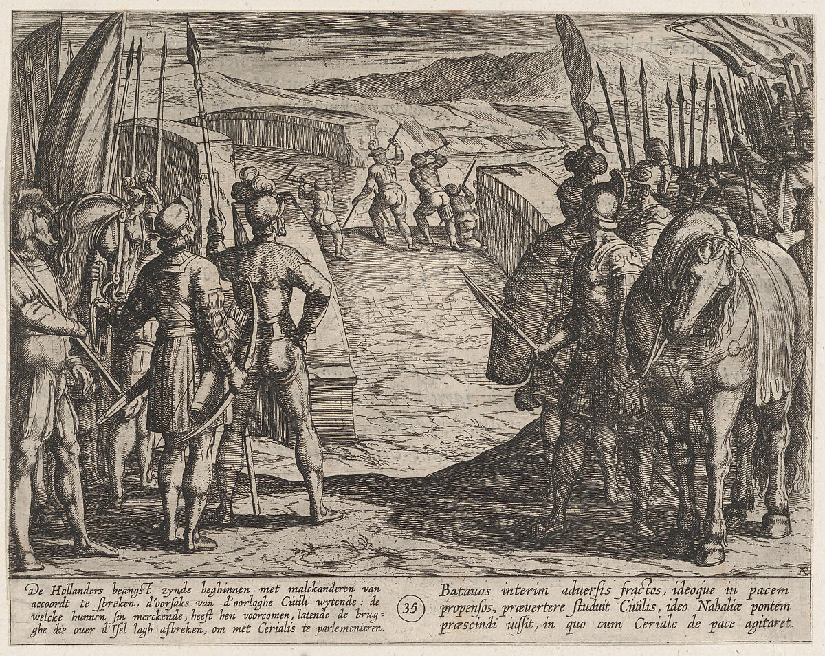 Plate 35: The Batavians Become Afraid and Begin Peace Talks, from The War of the Romans Against the Batavians (Romanorvm et Batavorvm Societas), Antonio Tempesta (Italian, Florence 1555–1630 Rome), Etching, first state of two, issue 1 (Bartsch) 