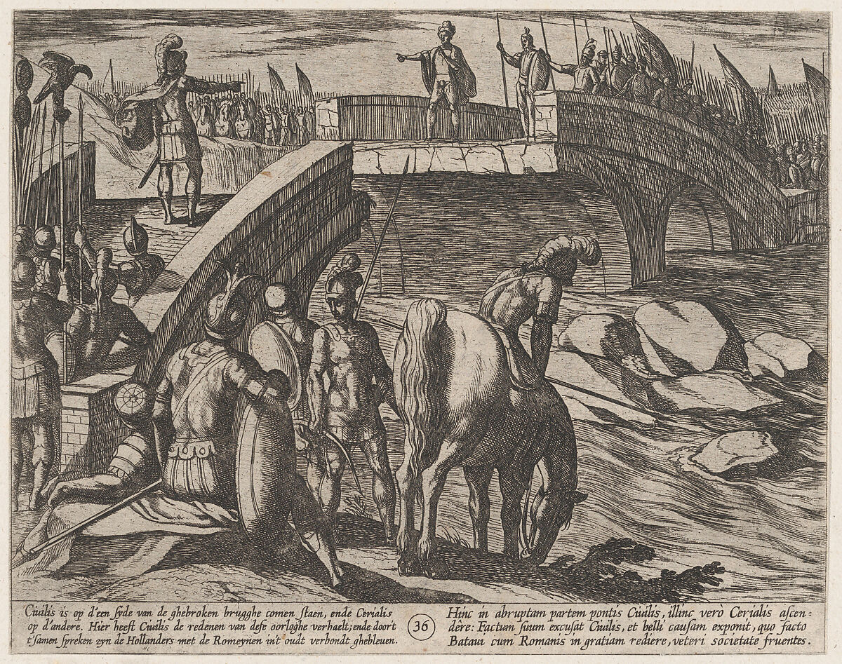 Plate 36: Civilis and Cerialis Meet on a Broken Bridge to Reach an Accord, from The War of the Romans Against the Batavians (Romanorvm et Batavorvm societas), Antonio Tempesta (Italian, Florence 1555–1630 Rome), Etching, first state of two, issue 1 (Bartsch) 