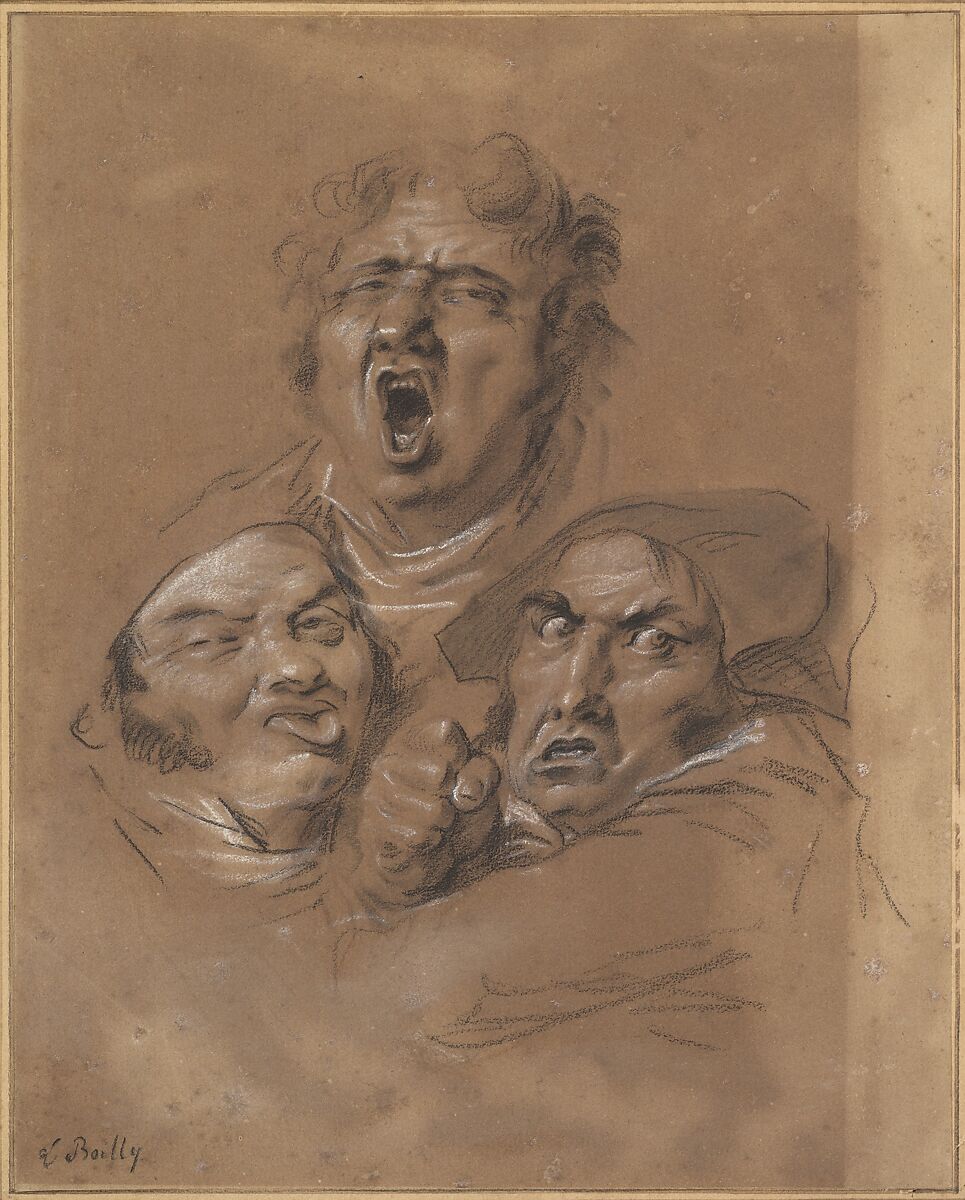 Study of Three Heads, Louis Léopold Boilly (French, La Bassée 1761–1845 Paris), Black and white chalk, with stumping 