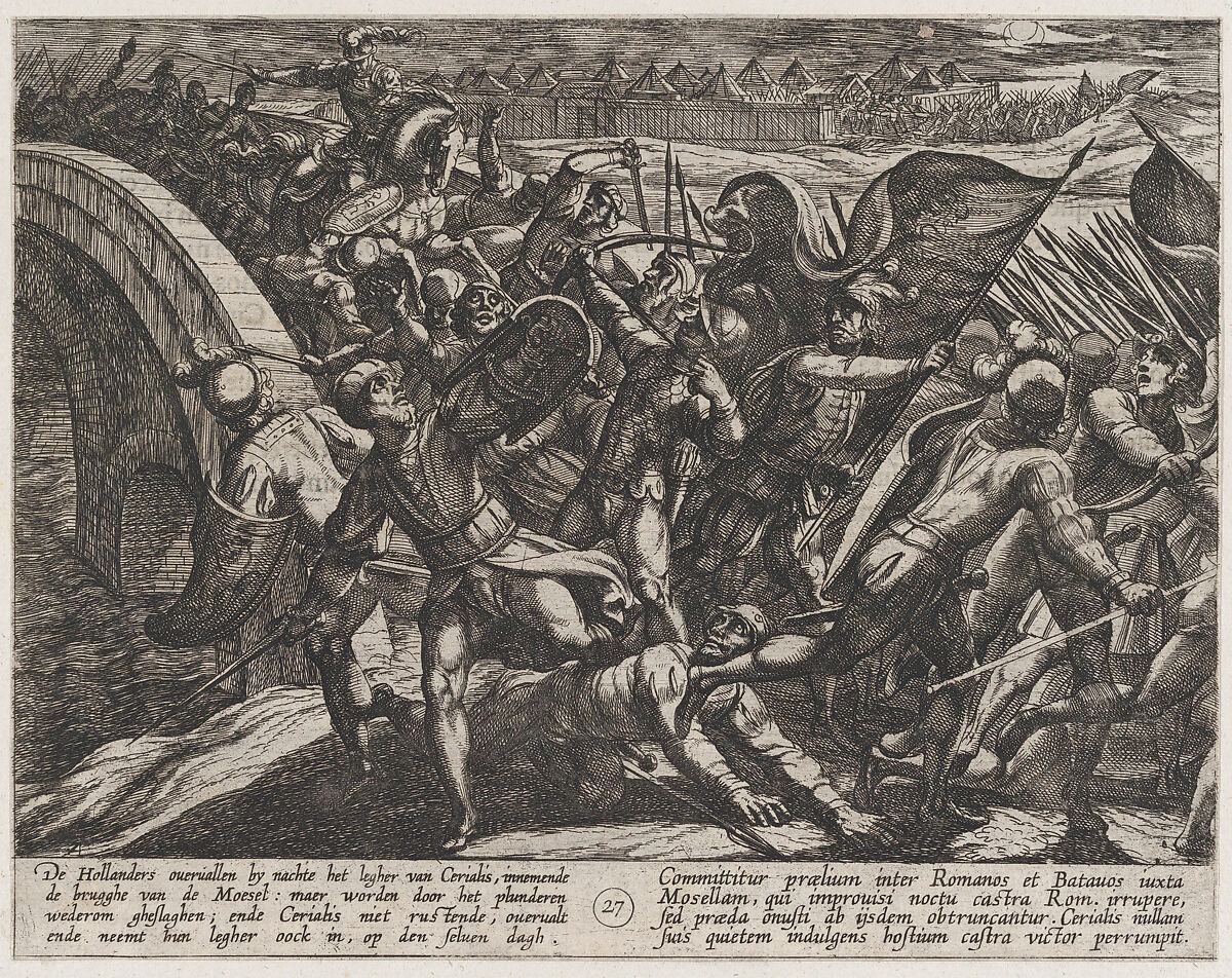 Plate 27: The Dutch During a Surprise Attack of the Roman Camp on the Moselle, from The War of the Romans Against the Batavians (Romanorvm et Batavorvm societas), Antonio Tempesta (Italian, Florence 1555–1630 Rome), Etching, first state of two, issue 1 (Bartsch) 