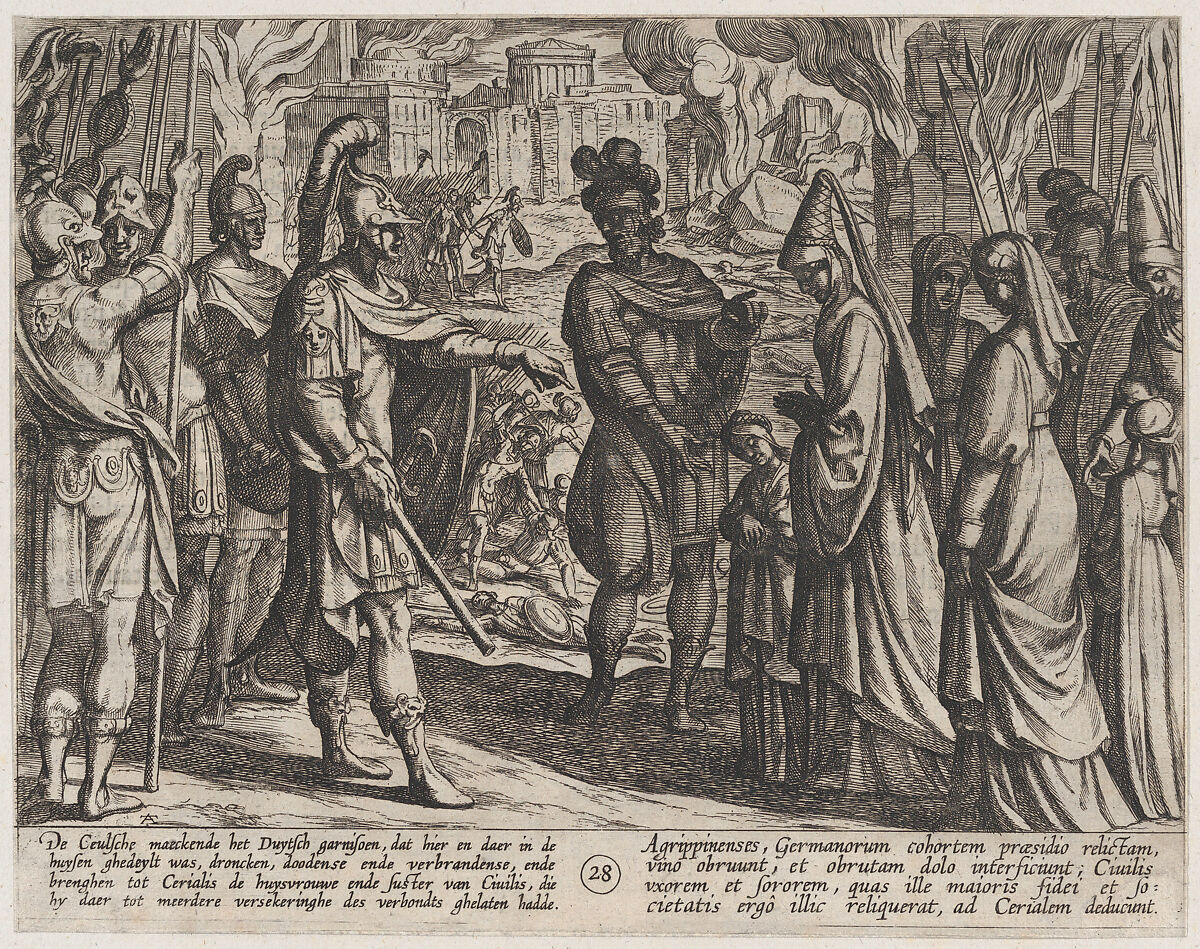 Plate 28: Cologne Troops Bring Civilis' Wife and Sister to Cerialis, from The War of the Romans Against the Batavians (Romanorvm et Batavorvm societas), Antonio Tempesta (Italian, Florence 1555–1630 Rome), Etching, first state of two, issue 1 (Bartsch) 