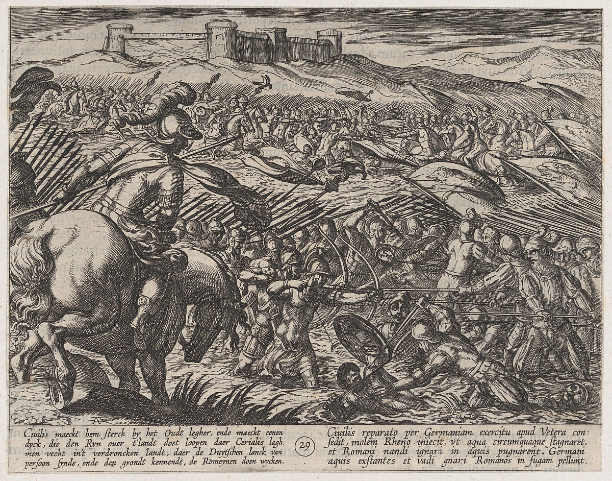 Plate 29: Civilis Floods the Land by Defensively Breaking the Dikes, from The War of the Romans Against the Batavians (Romanorvm et Batavorvm societas), Antonio Tempesta (Italian, Florence 1555–1630 Rome), Etching, first state of two, issue 1 (Bartsch) 