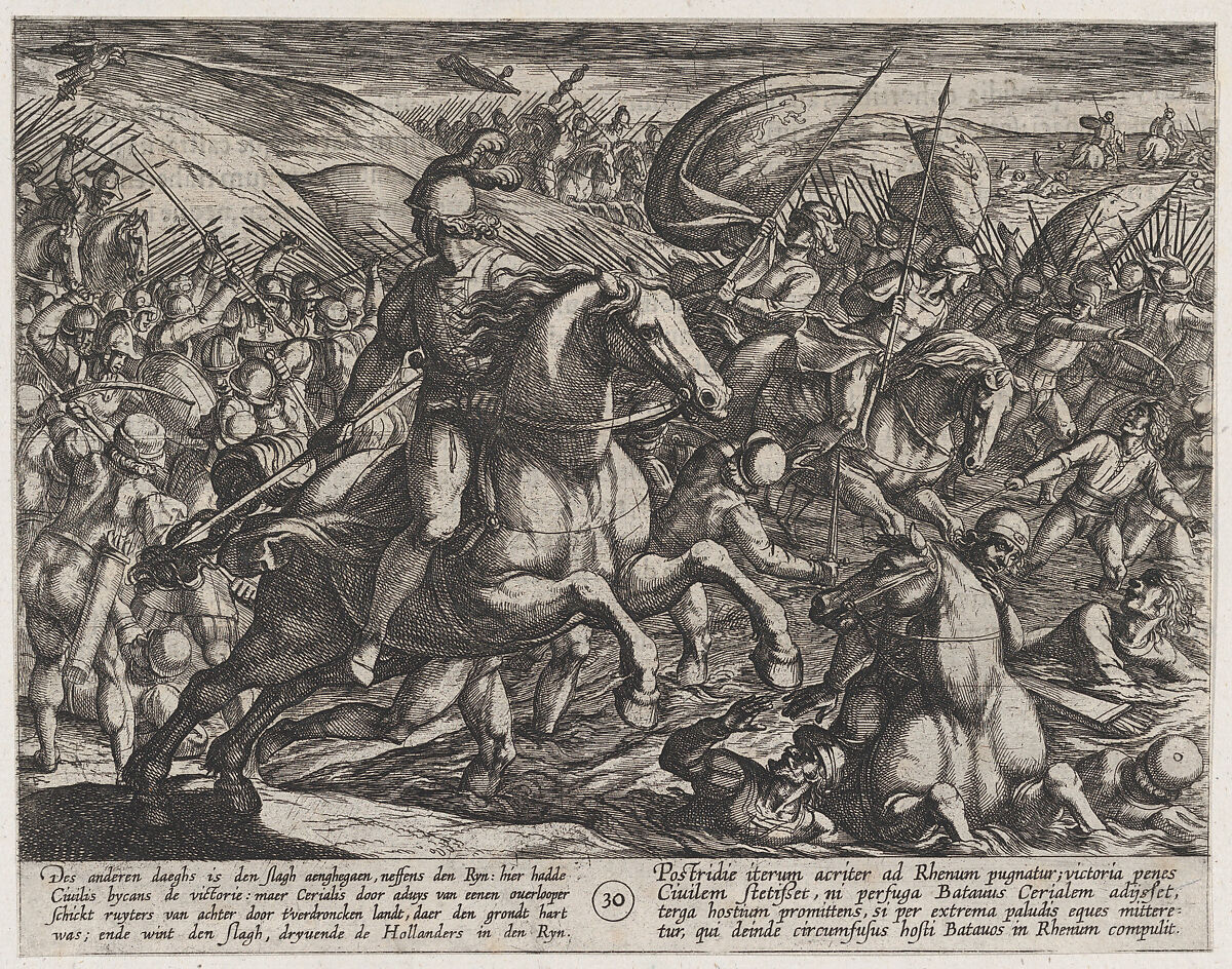 Plate 30: Cerialis Driving the Dutch into the Rhine, from The War of the Romans Against the Batavians (Romanorvm et Batavorvm societas), Antonio Tempesta (Italian, Florence 1555–1630 Rome), Etching, first state of two, issue 1 (Bartsch) 