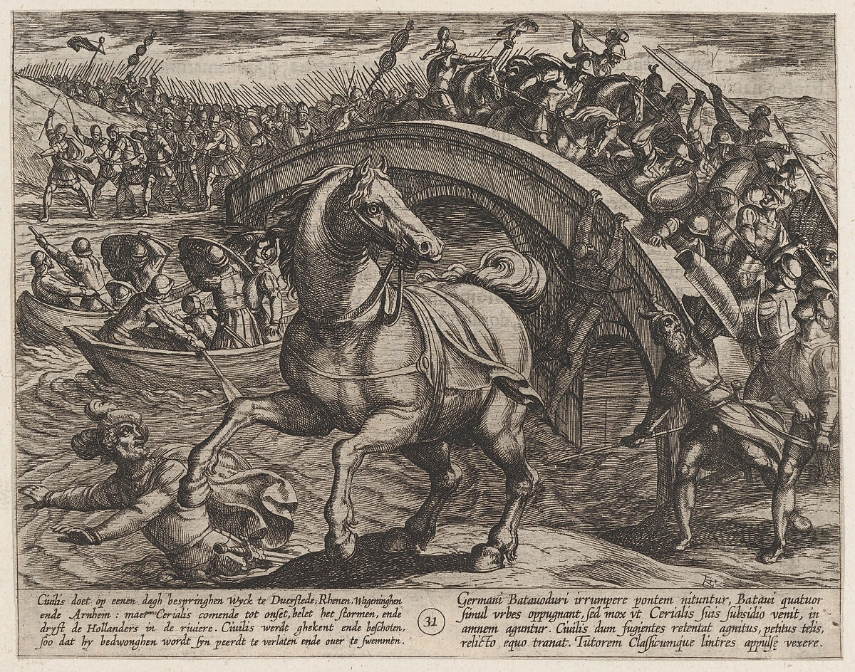Plate 31: Civilis Forced to Dismount and Swim Across the River, from The War of the Romans Against the Batavians (Romanorvm et Batavorvm societas), Antonio Tempesta (Italian, Florence 1555–1630 Rome), Etching, first state of two, issue 1 (Bartsch) 