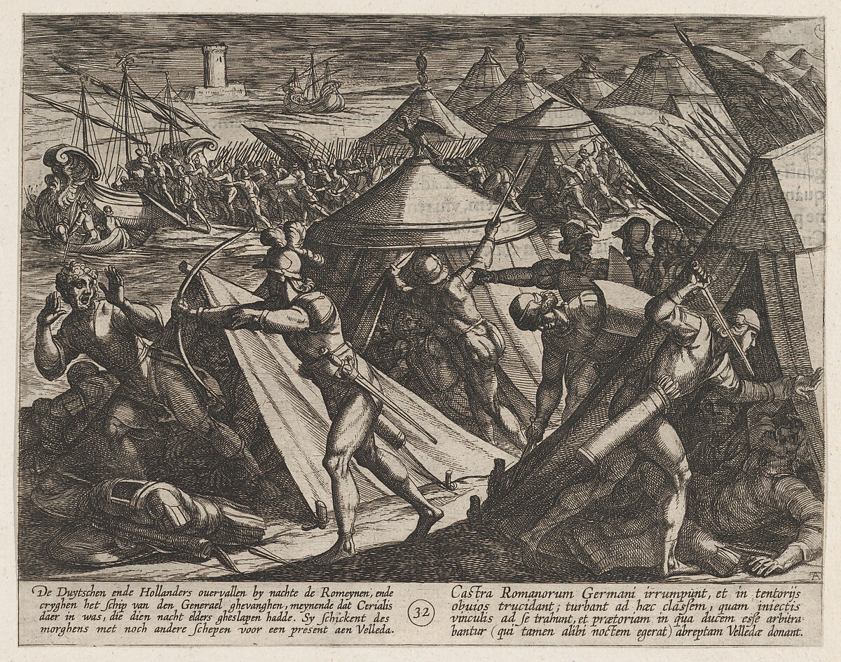 Plate 32: Dutch and Germans Atttack the Roman Camp and Capture Cerialis' Boat, from The War of the Romans Against the Batavians (Romanorvm et Batavorvm societas), Antonio Tempesta (Italian, Florence 1555–1630 Rome), Etching, first state of two, issue 1 (Bartsch) 