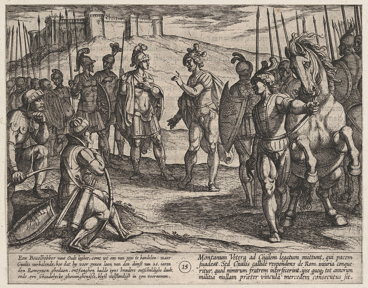 Plate 15: Civilis Treating with a Roman Commander, from The War of the Romans Against the Batavians (Romanorvm et Batavorvm societas), Antonio Tempesta (Italian, Florence 1555–1630 Rome), Etching, first state of two, issue 1 (Bartsch) 