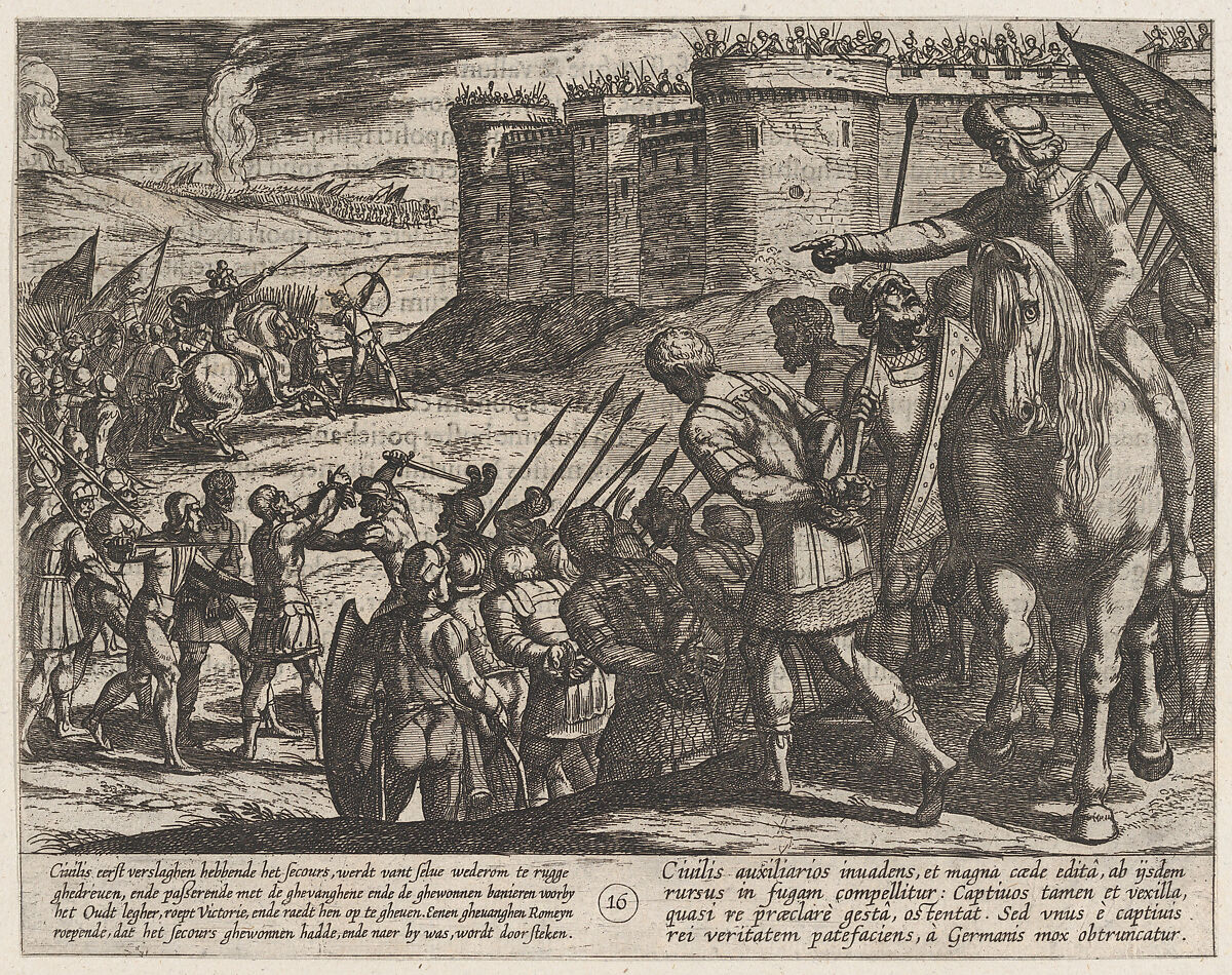 Plate 16: Roman Captives Before the Old Fortress, from The War of the Romans Against the Batavians (Romanorvm et Batavorvm societas), Antonio Tempesta (Italian, Florence 1555–1630 Rome), Etching, first state of two, issue 1 (Bartsch) 