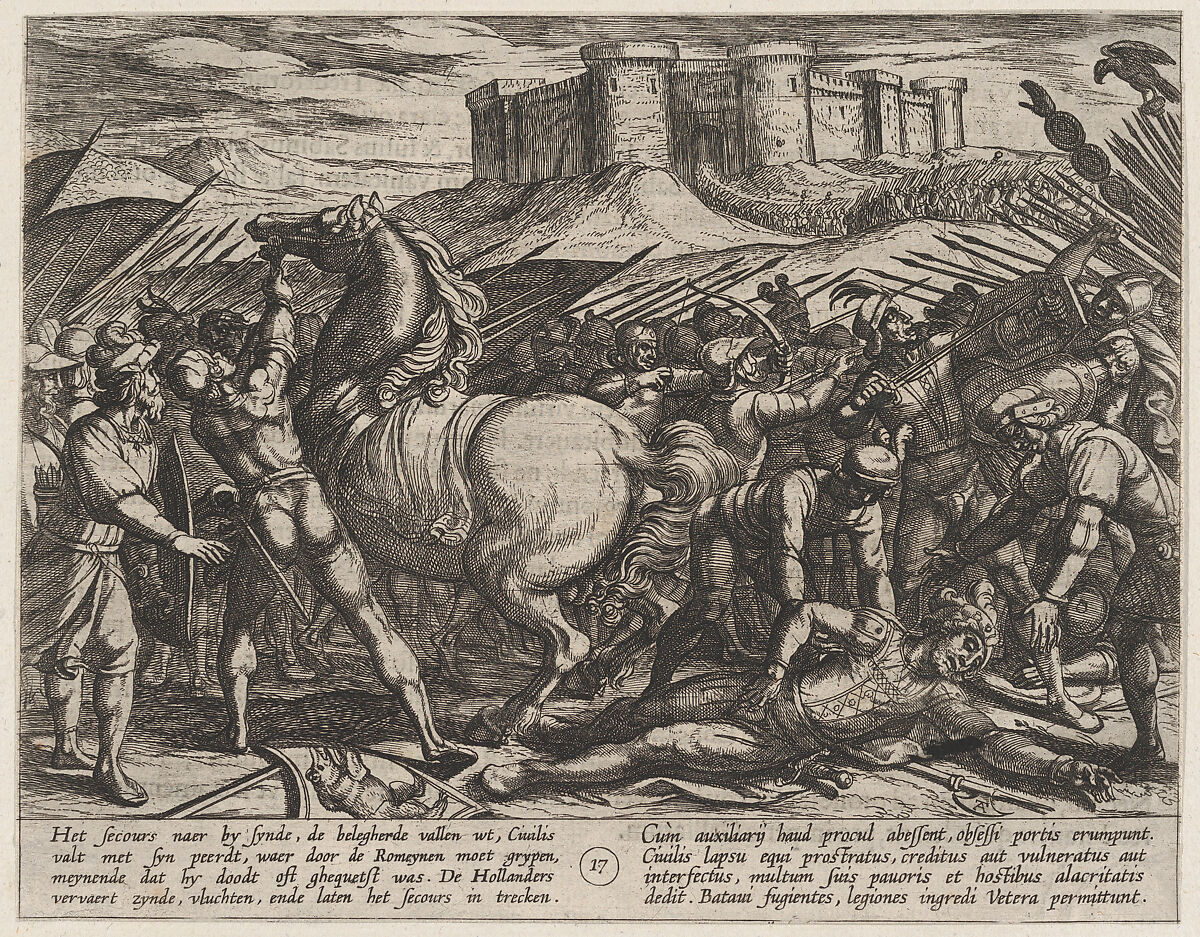 Plate 17: The Romans Misled by Civilis' Horse to Believe that He was Dead or Injured, from The War of the Romans Against the Batavians (Romanorvm et Batavorvm societas), Antonio Tempesta (Italian, Florence 1555–1630 Rome), Etching, first state of two, issue 1 (Bartsch) 