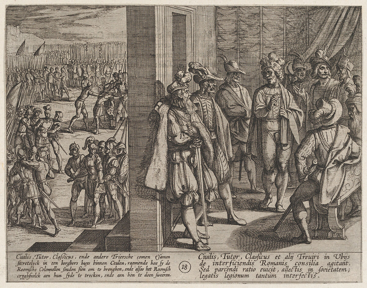 Plate 18: Secret Meeting of Civilis with Other Leaders from Trier, from The War of the Romans Against the Batavians (Romanorvm et Batavorvm societas), Antonio Tempesta (Italian, Florence 1555–1630 Rome), Etching, first state of two, issue 1 (Bartsch) 