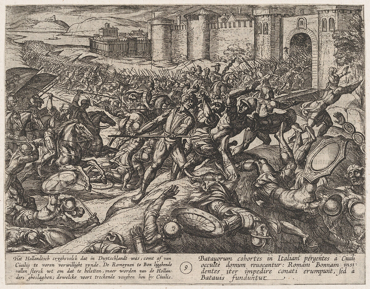 Plate 9: The Romans Defeated by the Dutch Troops at Bonna, from The War of the Romans Against the Batavians (Romanorvm et Batavorvm societas), Antonio Tempesta (Italian, Florence 1555–1630 Rome), Etching, first state of two, issue 1 (Bartsch) 