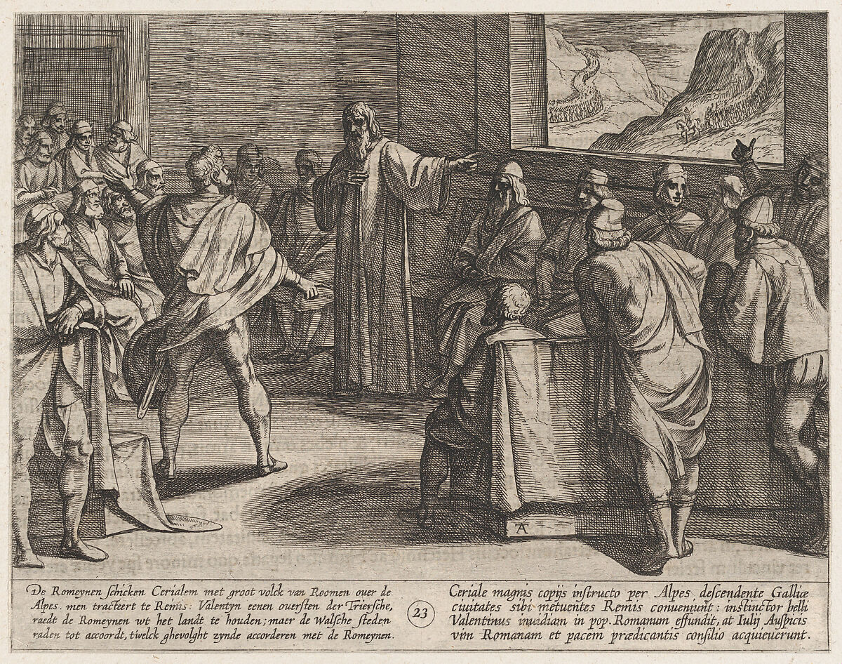 Plate 23: Conference on What Steps to Take Upon the Romans' New Troops Approaching Across the Alps, from The War of the Romans Against the Batavians (Romanorvm et Batavorvm societas), Antonio Tempesta (Italian, Florence 1555–1630 Rome), Etching, first state of two, issue 1 (Bartsch) 