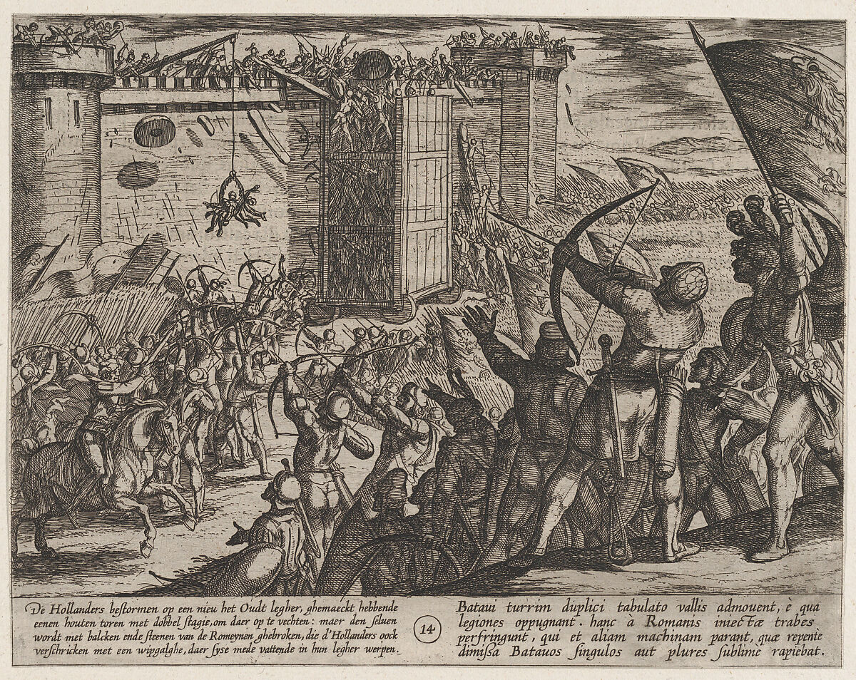 Plate 14: New Attack on the Old Fortress, from The War of the Romans Against the Batavians (Romanorvm et Batavorvm societas), Antonio Tempesta (Italian, Florence 1555–1630 Rome), Etching, first state of two, issue 1 (Bartsch) 