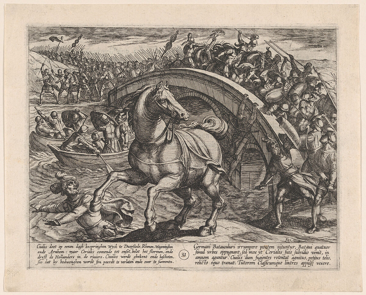 Plate 31: Civilis Forced to Dismount and Swim Across the River, from The War of the Romans Against the Batavians, Antonio Tempesta (Italian, Florence 1555–1630 Rome), Etching, first state of two, issue 1 (Bartsch) 