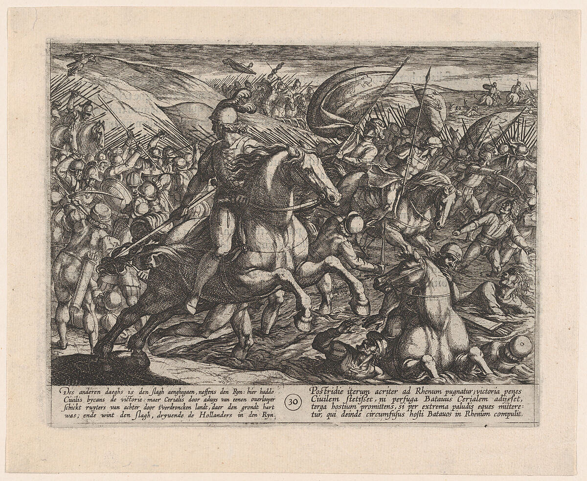 Plate 30: Cerialis Driving the Dutch into the Rhine, from The War of the Romans Against the Batavians, Antonio Tempesta (Italian, Florence 1555–1630 Rome), Etching, first state of two, issue 1 (Bartsch) 