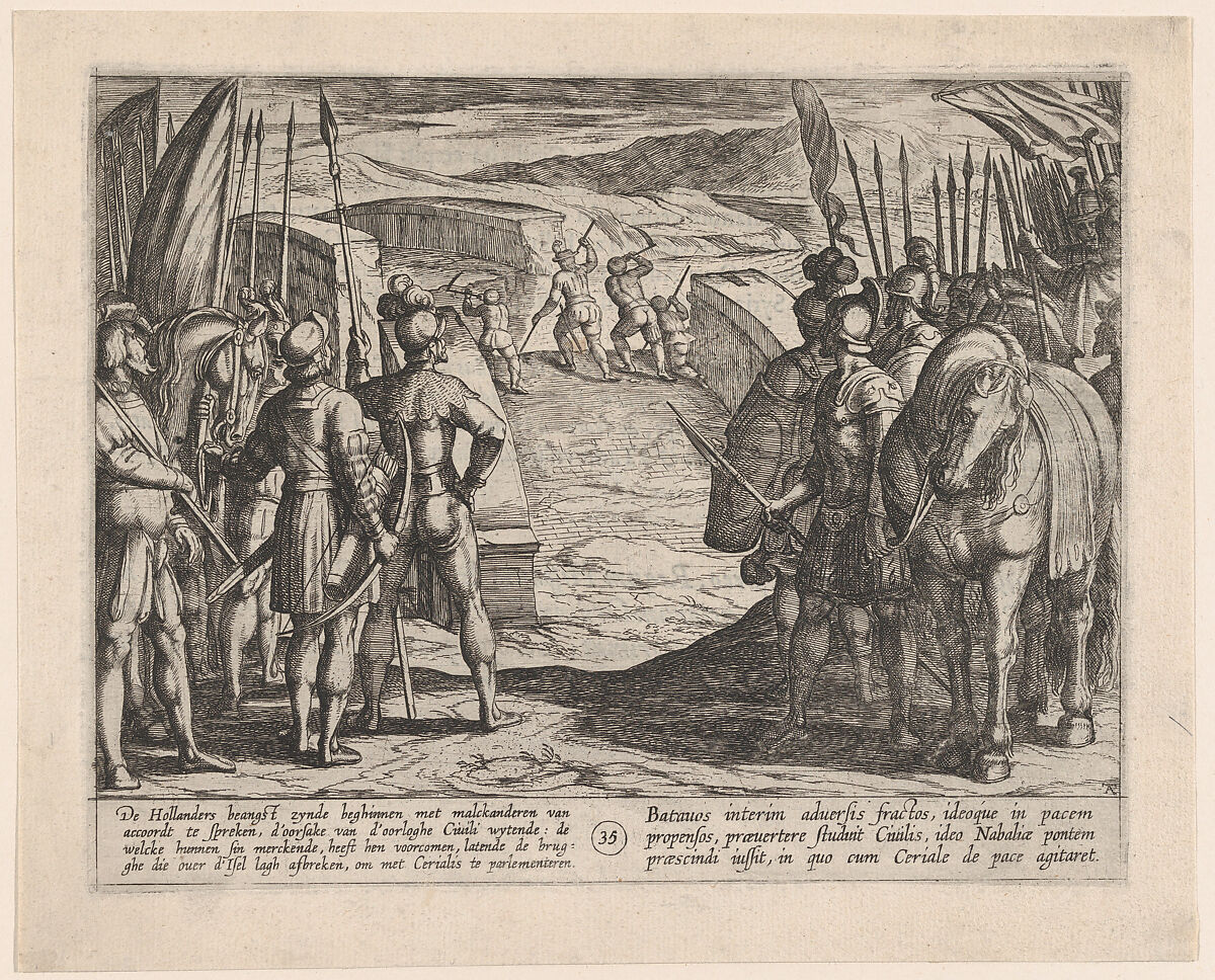 Plate 35: The Batavians Become Afraid and Begin Peace Talks, from The War of the Romans Against the Batavians, Antonio Tempesta (Italian, Florence 1555–1630 Rome), Etching, first state of two, issue 1 (Bartsch) 