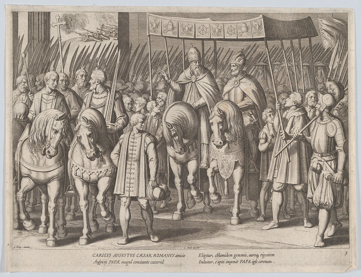 Plate 3: Charles V Crowned Emperor entering Rome with the Pope, from the Triumphs of Charles V, Cornelis Boel (Netherlandish, Antwerp ca. 1576–after 1621), Etching and engraving 