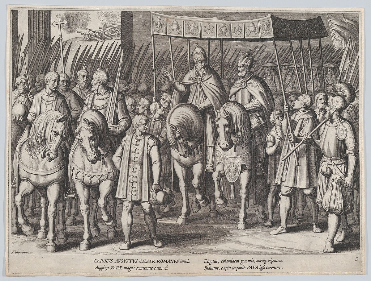 Plate 3: Charles V Crowned Emperor entering Rome with the Pope, from the Triumphs of Charles V, Cornelis Boel (Netherlandish, Antwerp ca. 1576–after 1621), Etching and engraving 
