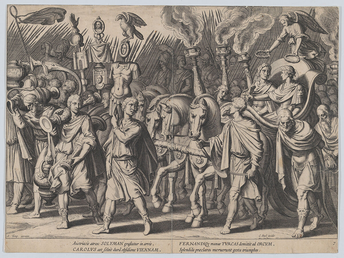 Plate 7: Triumphal Procession after Victory over Turks, from the Triumphs of Charles V, Cornelis Boel (Netherlandish, Antwerp ca. 1576–after 1621), Etching and engraving 
