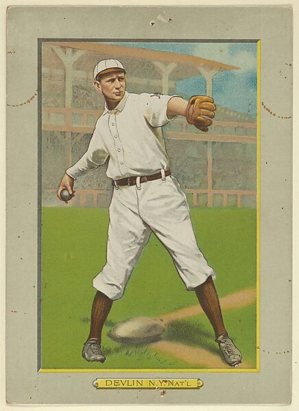Art Devlin, Third Baseman, New York Giants (National League), from Turkey Red Cabinets (T3), American Tobacco Company, Chromolithograph with hand-coloring 