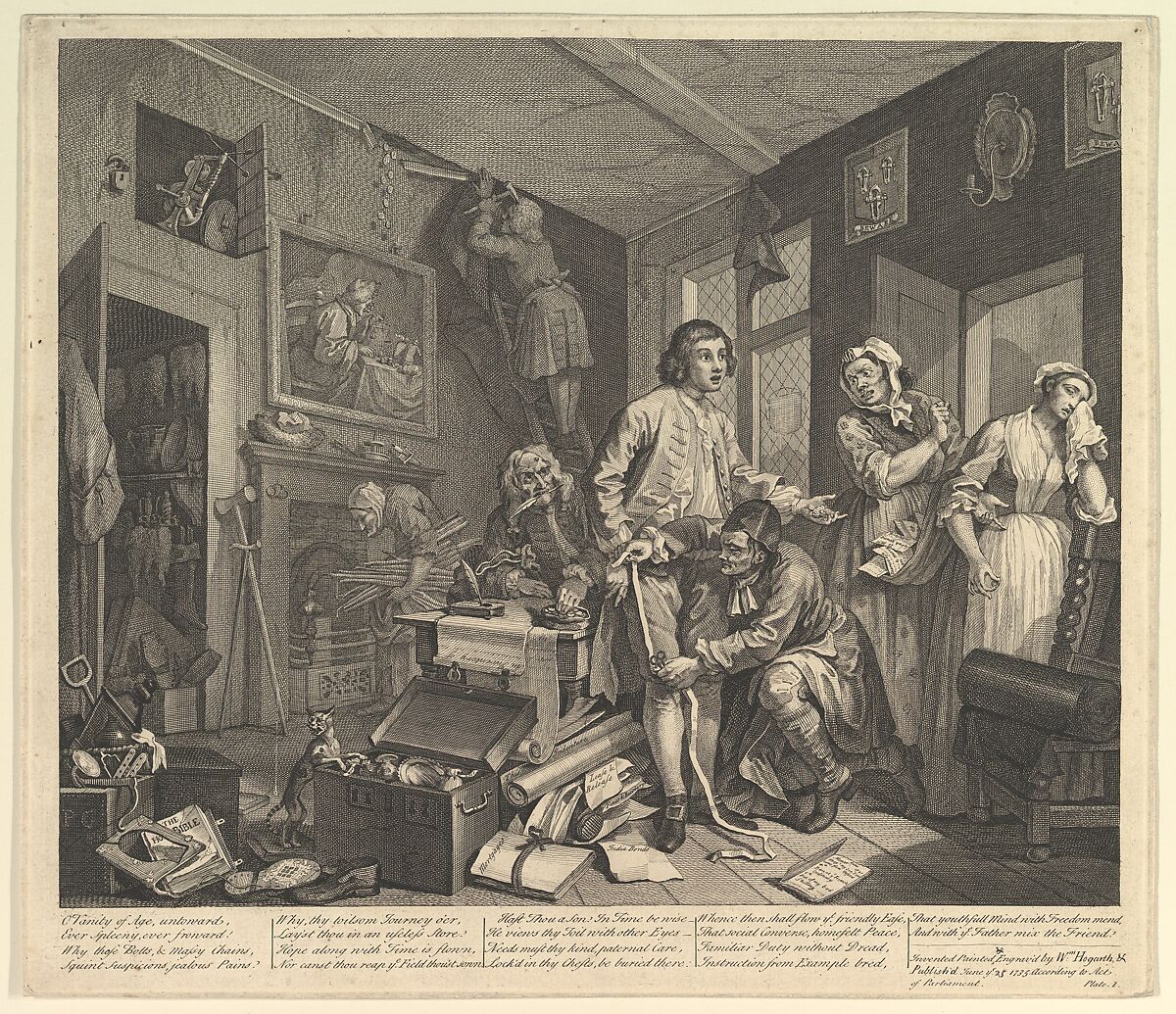 A Rake's Progress, Plate 1, William Hogarth (British, London 1697–1764 London), Etching and engraving; third state of three 