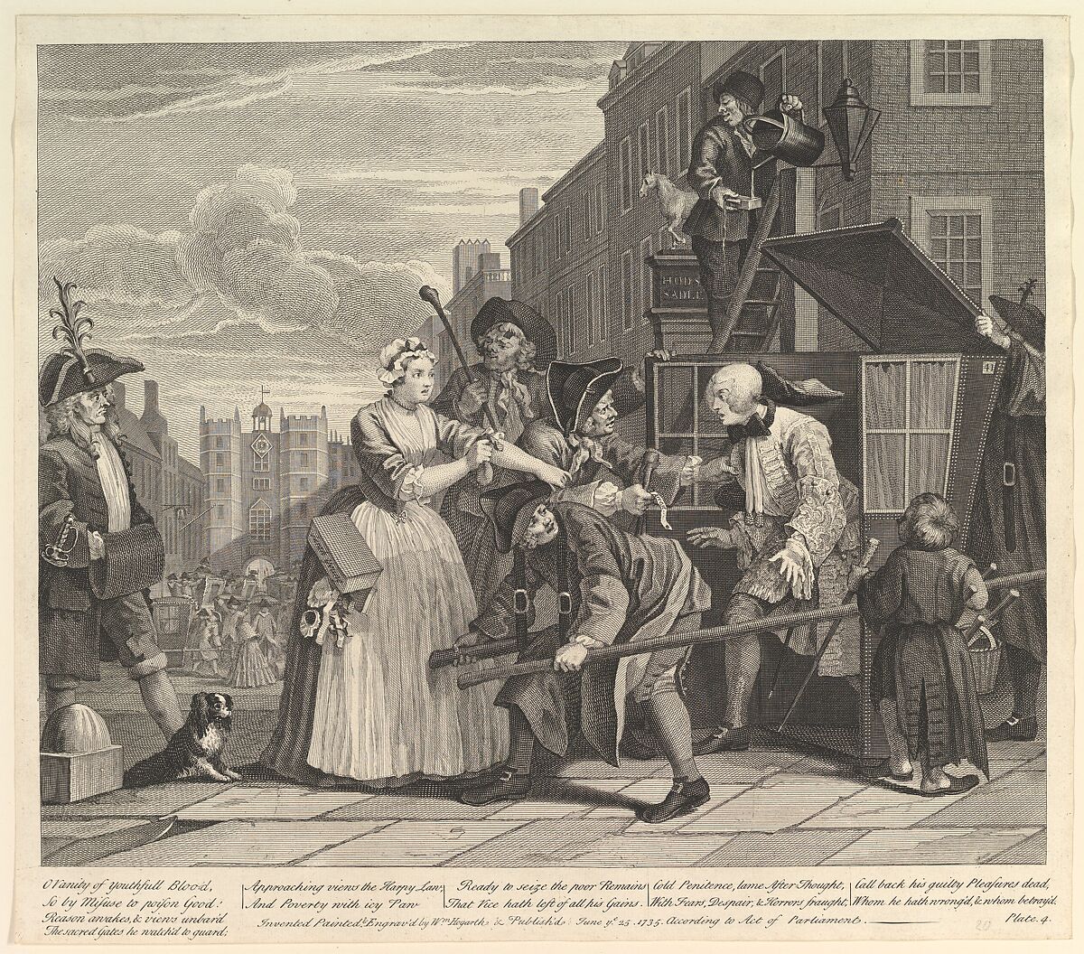 A Rake's Progress, Plate 4, William Hogarth (British, London 1697–1764 London), Etching and engraving; first state of three 