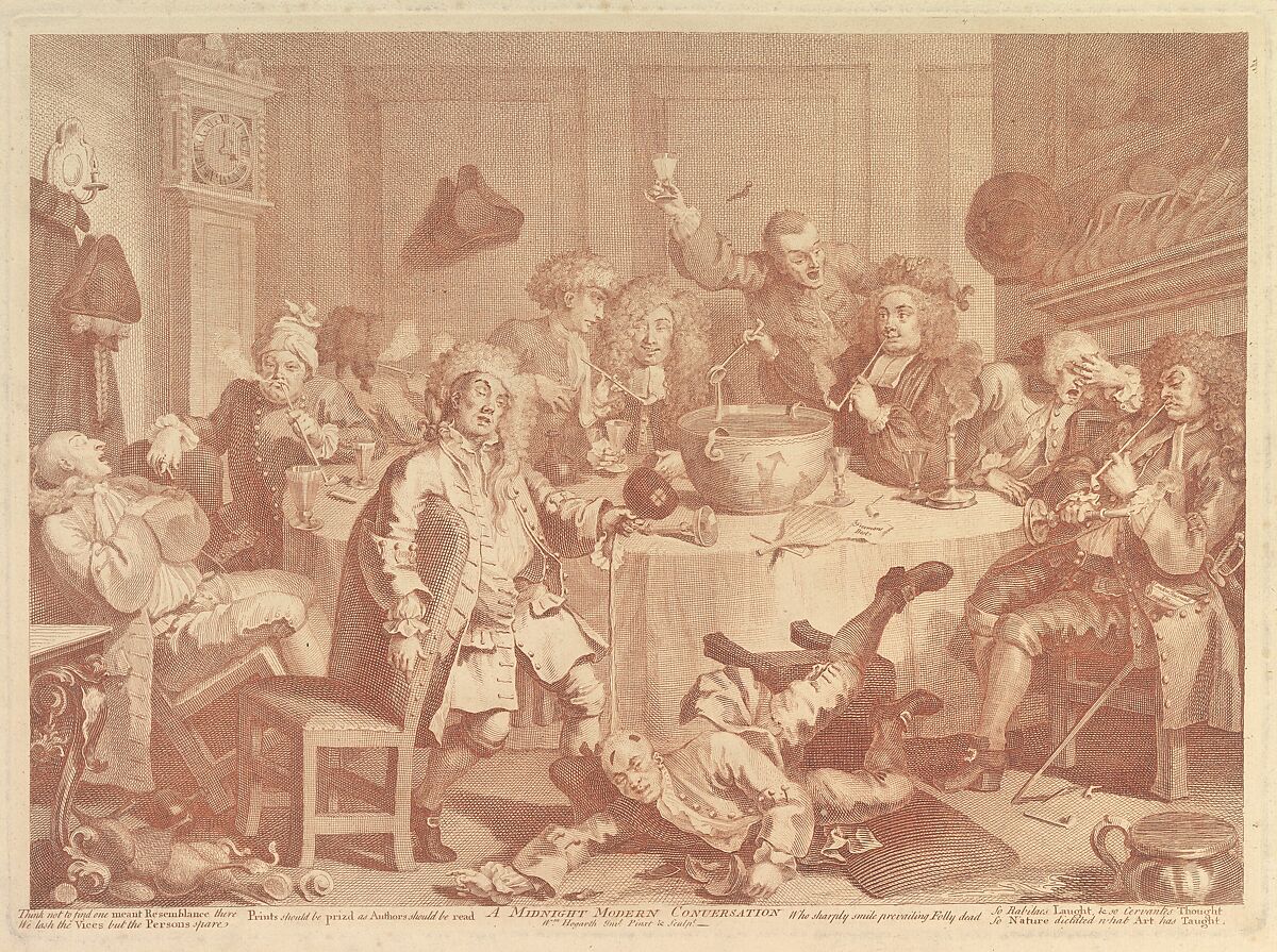 A Midnight Modern Conversation, William Hogarth (British, London 1697–1764 London), Engraving; second state of three; printed in reddish brown ink 