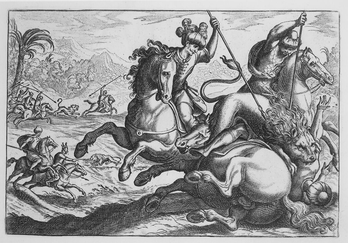 Lion Hunt, from 'Hunting Scenes IV', Antonio Tempesta (Italian, Florence 1555–1630 Rome), Etching 