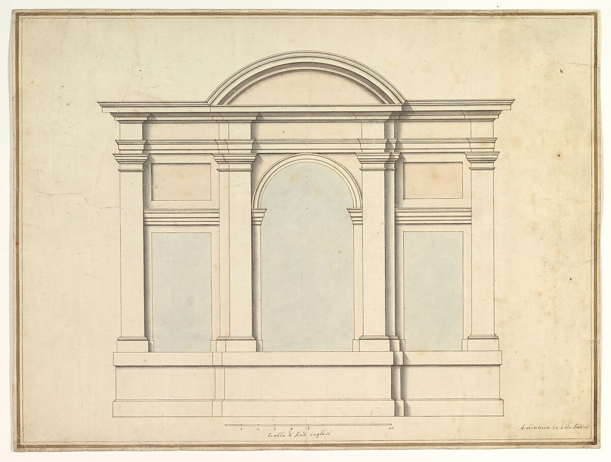 Elevation of Wall Decoration in the Villa Medici, Attributed to Antonio Maria Visentini (Italian, Venice 1688–1782 Venice), Pen and brown ink, brush and blue and pink wash 