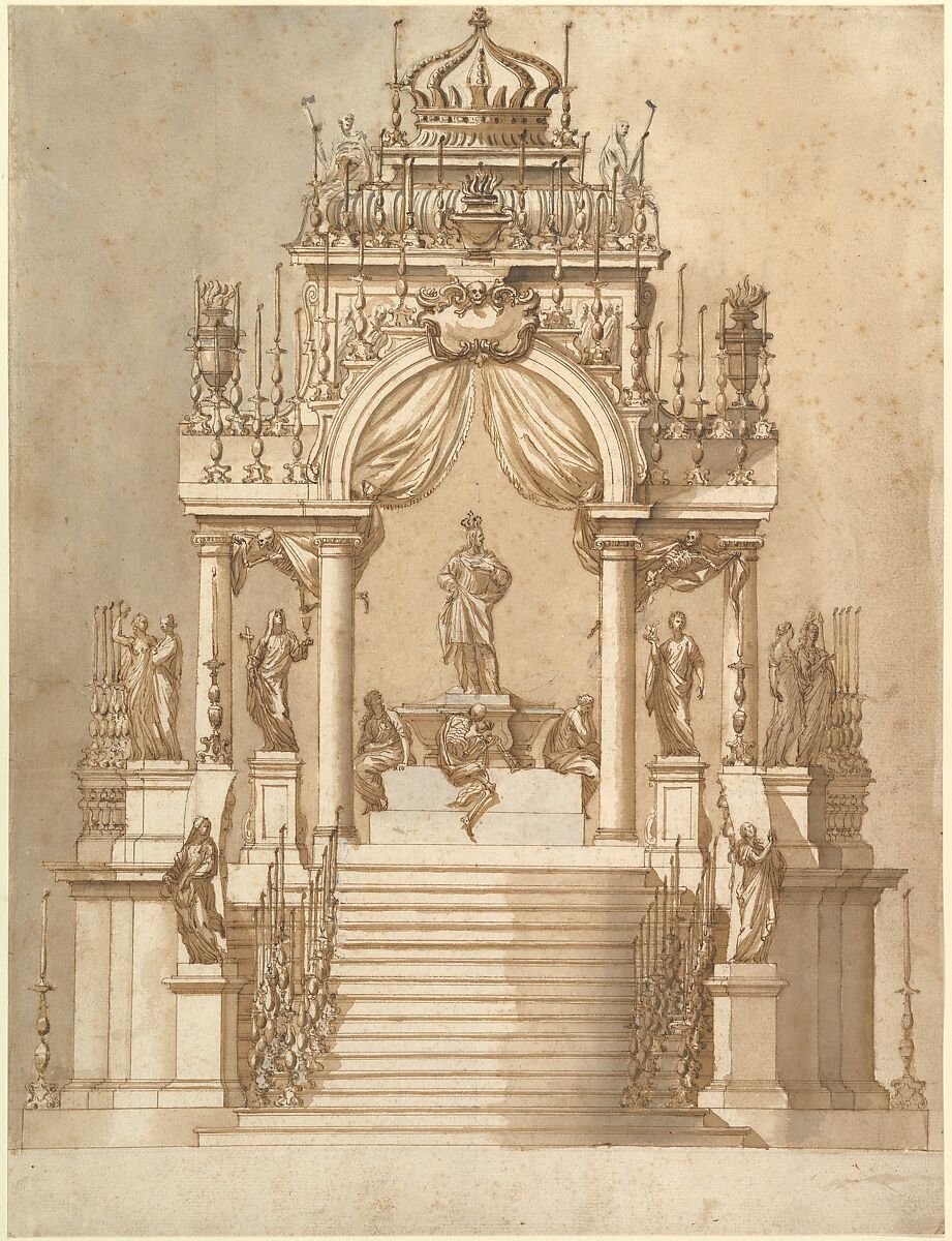 Design for a Catafalque for King Philip IV of Spain, Anonymous, Italian, 17th century, Pen and brown ink, brush and brown wash, highlighted with gray wash, over traces of graphite 