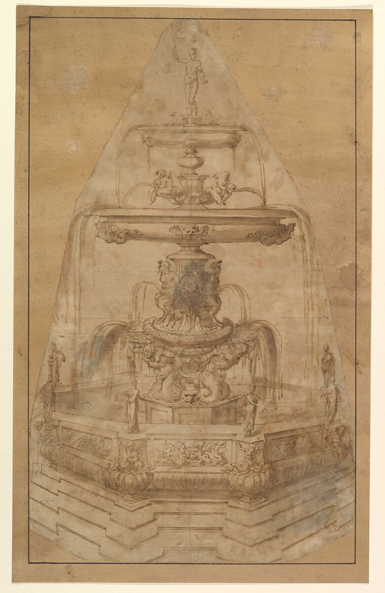 Design for a Fountain with River Gods and Nymphs, Anonymous, Italian, 16th century, Pen and brown ink, brush and brown wash, over black chalk; compass work and ruling in black chalk, mounted on a secondary paper support 