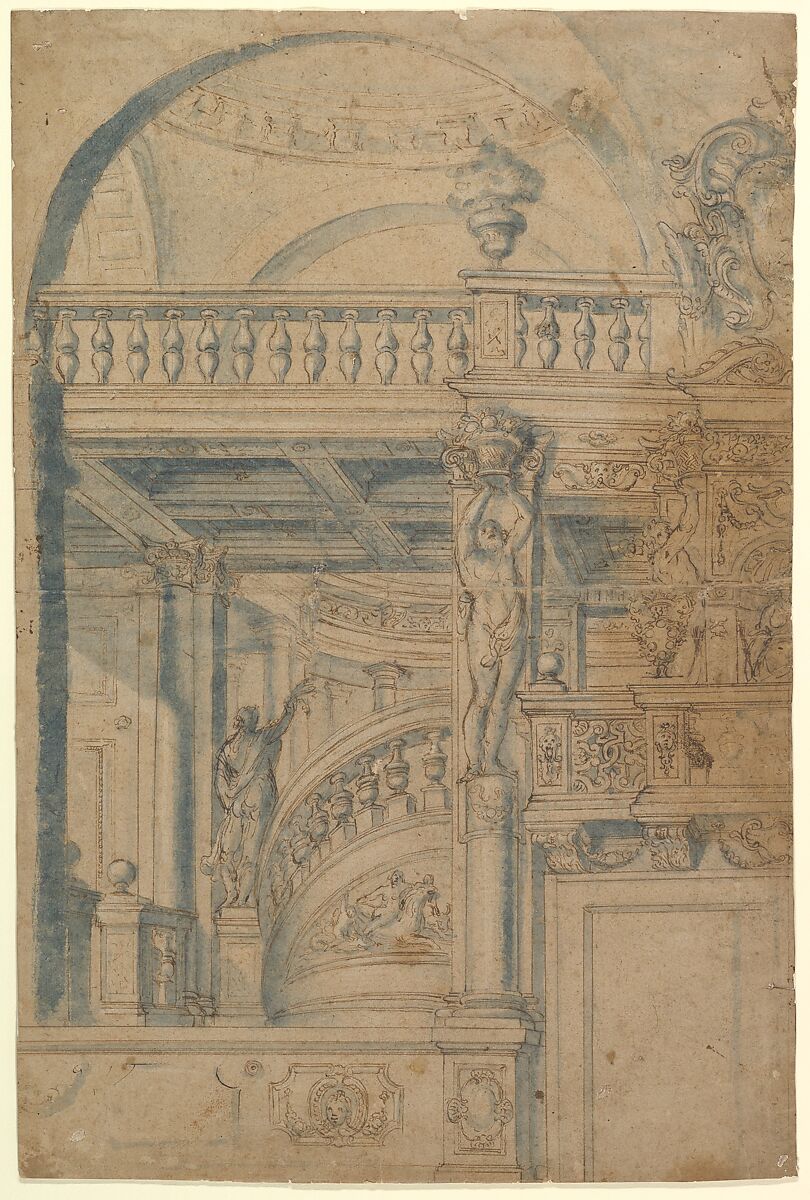 Elevation of a Stairway and Balustrade, Anonymous, Italian, 17th century, Pen and brown ink with brush and blue wash 