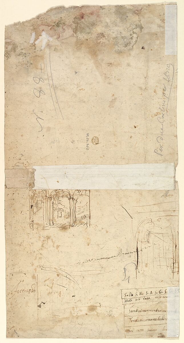 Design for a Ceiling (recto); Studies of an Arcade (verso), Anonymous, Italian, 17th century, Pen and black ink with brush and gray wash