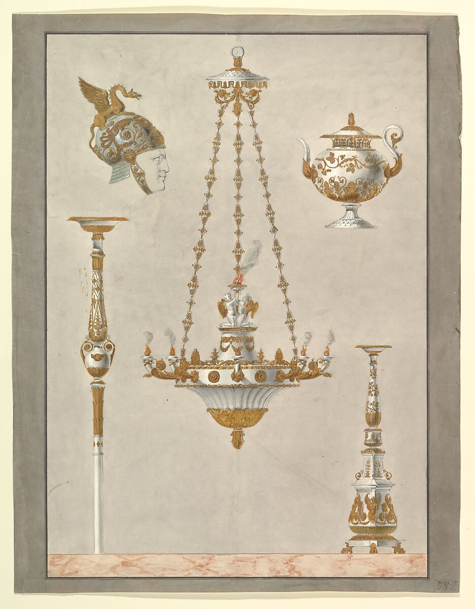 Designs for Metalwork, Anonymous, Italian, 19th century, Pen and gray ink, brush and watercolor, heightened with white over black chalk 