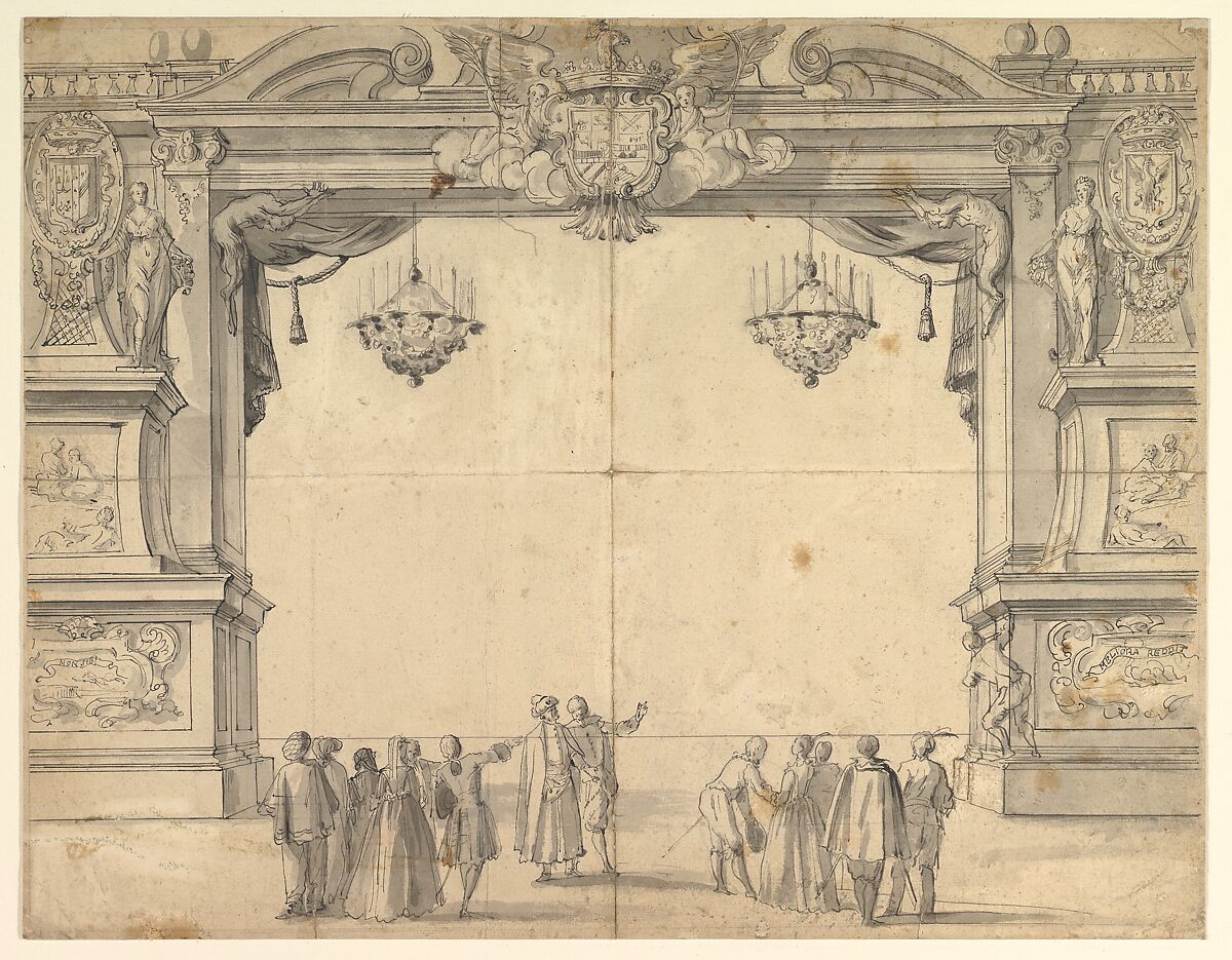 Proscenium Arch of a Court Theater, Anonymous, Italian, 18th century, Pen and black ink, brush and gray wash 