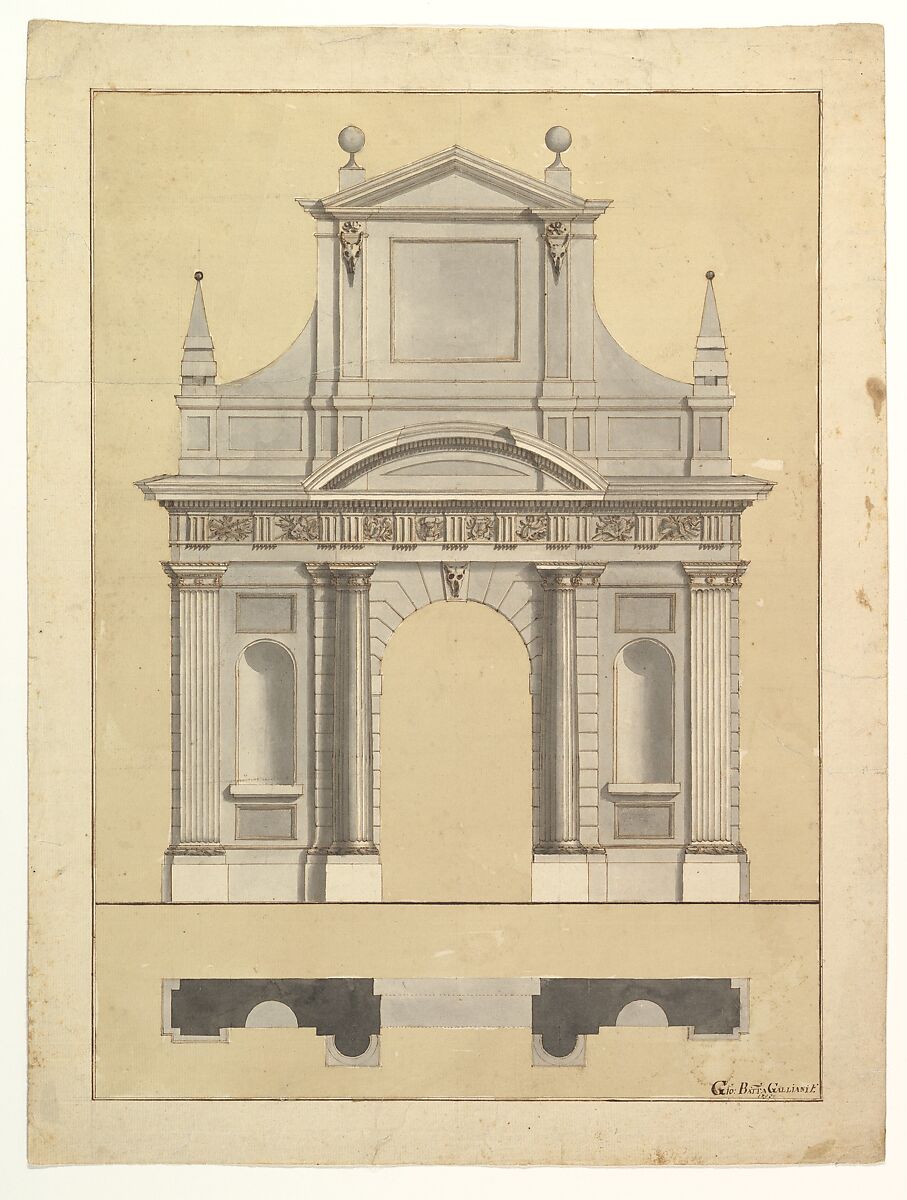 Plan and Elevation of an Entrance, Attributed to Giovanni Battista Galliani (Italian, active ca. 1794), Pen and brown ink, brush with gray and yellow wash 