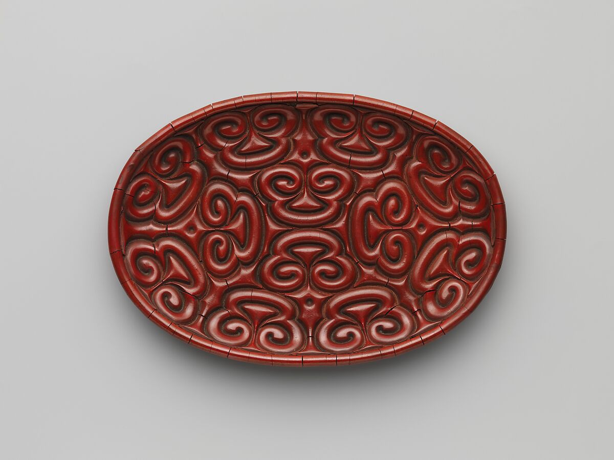Tray with pommel scrolls, Carved red and black lacquer, China 