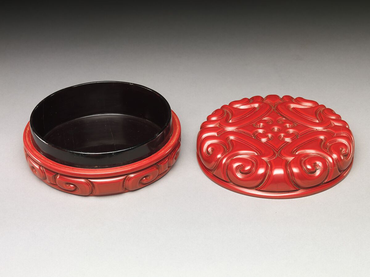 Box with Pommel Scroll Design, Carved red and black lacquer, China
