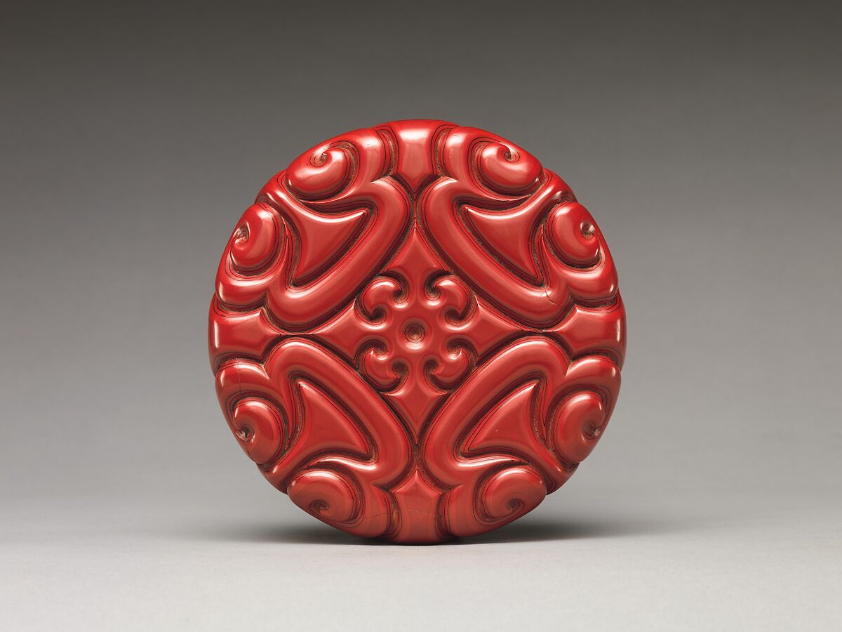 Box with Pommel Scroll Design, Carved red and black lacquer, China