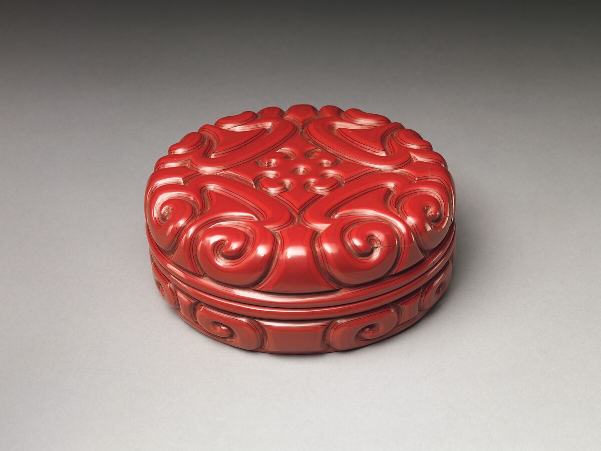 Box with Pommel Scroll Design, Carved red and black lacquer, China 