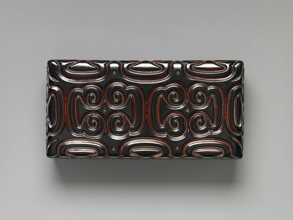 Box with pommel scroll design, Carved black and red lacquer, China