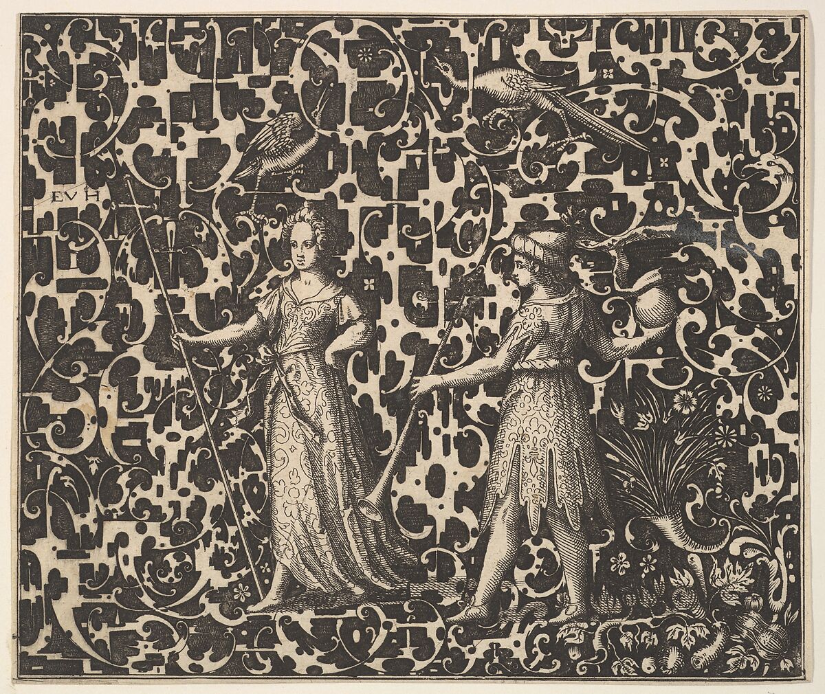 Ornament Print with Schweifwerk and Two (Allegorical?) Figures, Esaias von Hulsen (Netherlandish, Middelburg ca. 1570–before 1626 Stuttgart), Blackwork engraving 