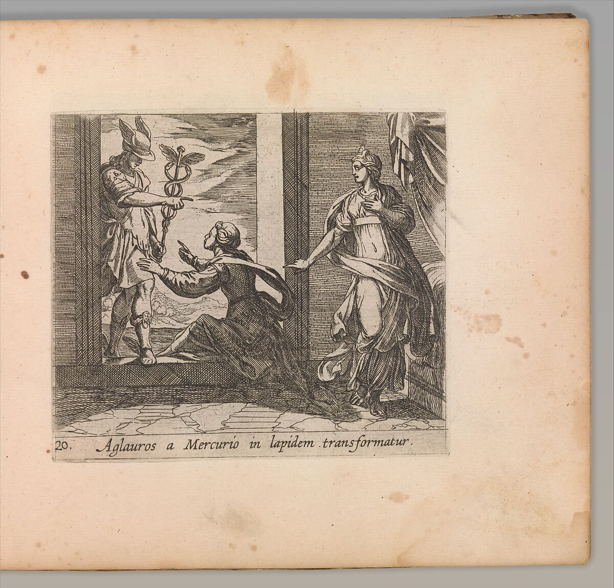 Mercury Turning Aglauros to Stone (Aglauros a Mercurio in lapidem transformatur), from The Metamorphoses of Ovid (Metamorphosean Sive Transformationum), plate 20, Antonio Tempesta (Italian, Florence 1555–1630 Rome), Etching 