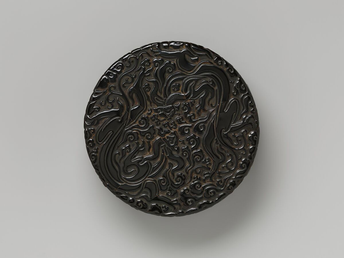 Box with chi dragons amid clouds, Carved black, red, and yellow lacquer, China
